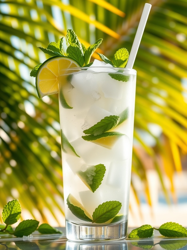 Refreshing Coconut Mojito Recipe A refreshing Coconut Mojito cocktail with mint and lime garnishes in a sunny beach setting.